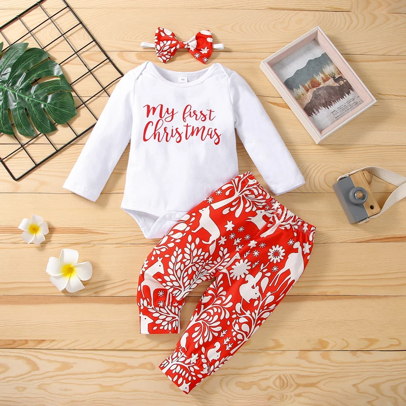 

Baby Unsex Christmas Outfits Letter Long-Sleeve Romper Cartoon Pants Headband for Toddler Girls Boys