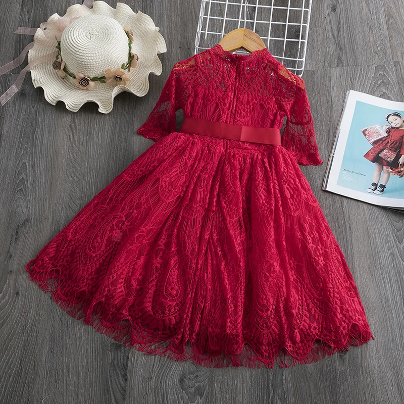 Baby Girls Dress Red Lace Hollow Princess Costume Kids Dresses for Girl Autumn Xmas Party Frocks Children Clothing | Детская одежда и