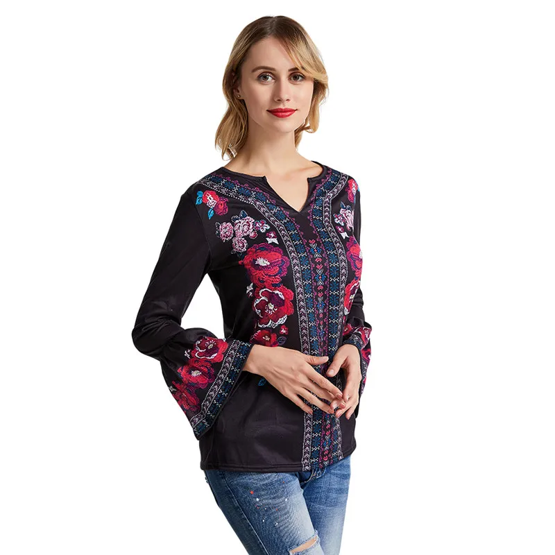 Женская этническая футболка с пышными рукавами Повседневная цветочным принтом