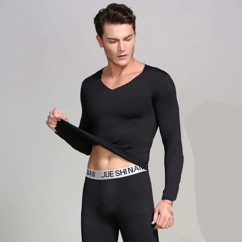Теплые Термальность мужское нижнее белье однотонные черные футболки с v образным