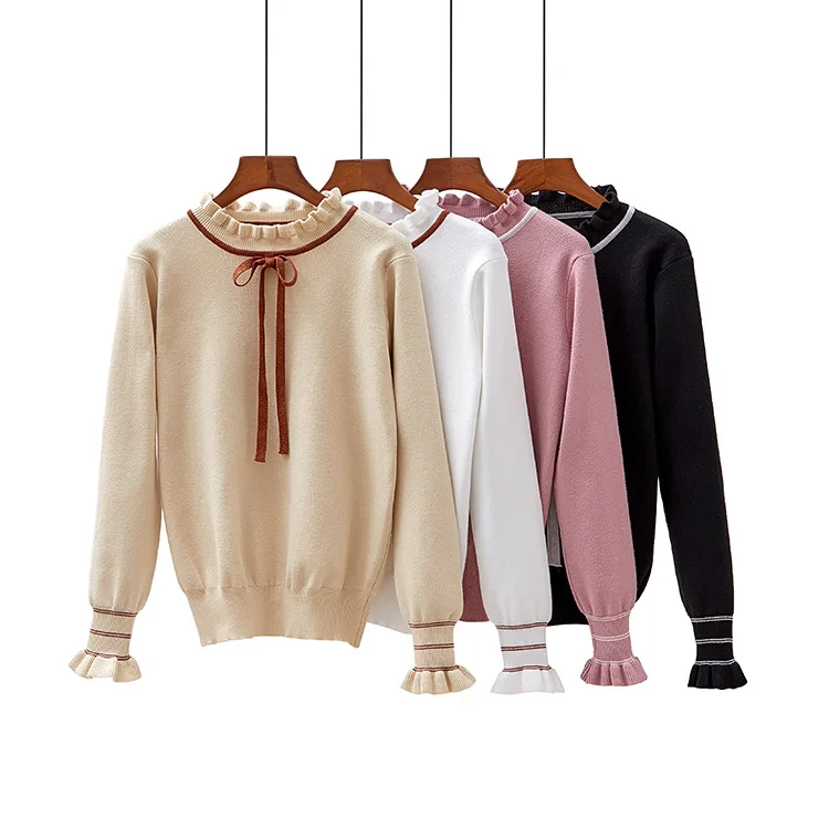 Autumn 2020 new student color matching slim fitting wooden ear edge with bottom sweater top and sweater female