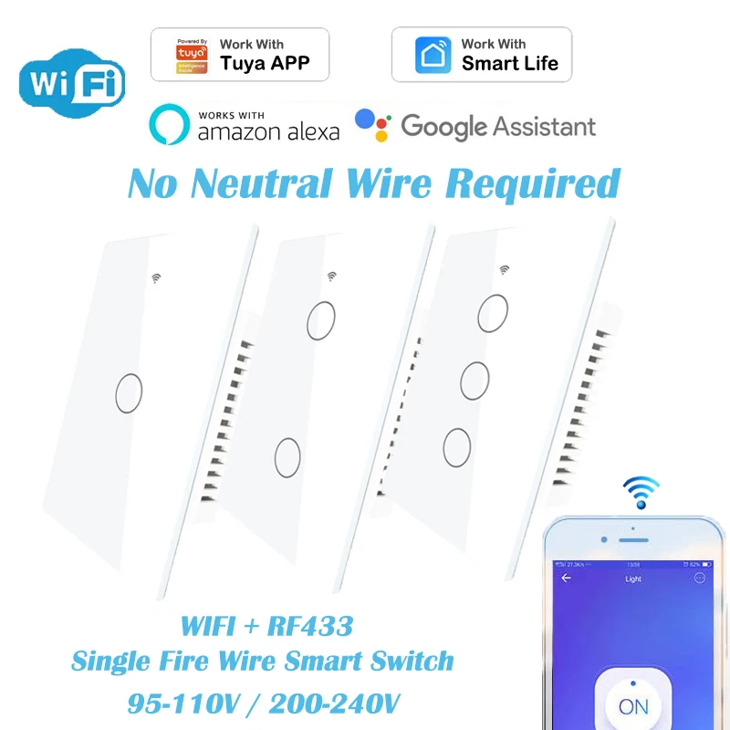 

Умный выключатель Wi-Fi, США, без нейтрального провода, управление через приложение Smartlife Tuya, таймер, поддержка RF433, Alexa, Google Home Automation