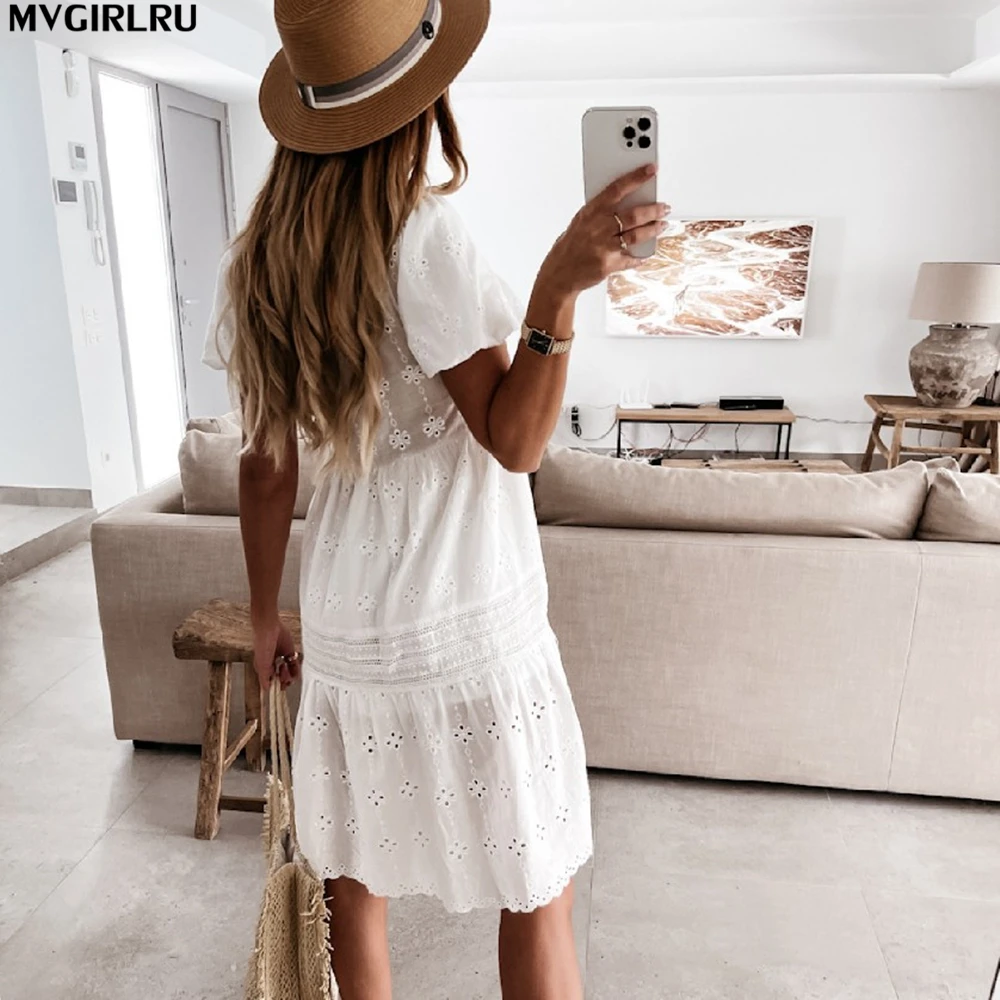 

MVGIRLRU Women's Dress Summer Pure Color Cut Flowers V-neck Bubble Short-sleeved Cotton Dress