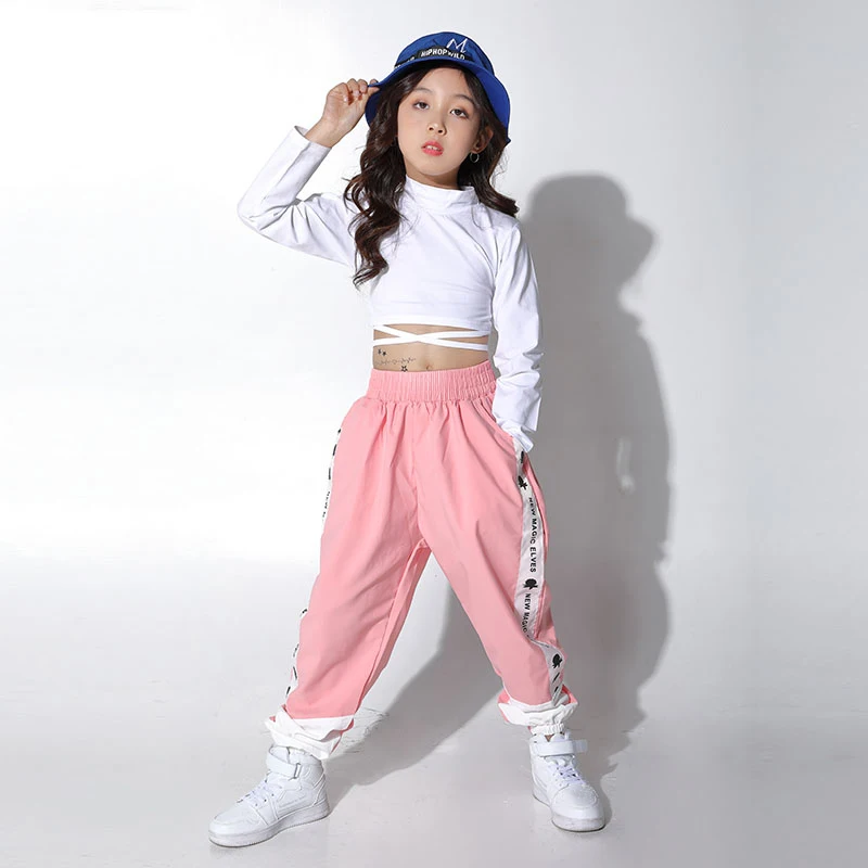 

Новая одежда для девочек в стиле хип-хоп, уличные танцевальные розовые штаны, укороченные топы, джаз, наряд для практик, детская, танцевальный костюм для сцены, для шоу, BL5555