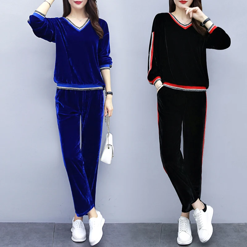 Спортивный костюм плюша с V образным вырезом осенний больших размеров тонкие