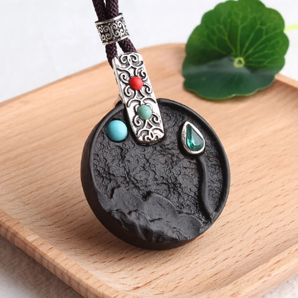 Retro Handmade black Sandalwood alloy Natural Stone Pendant Necklace Sweater Chain N602 |