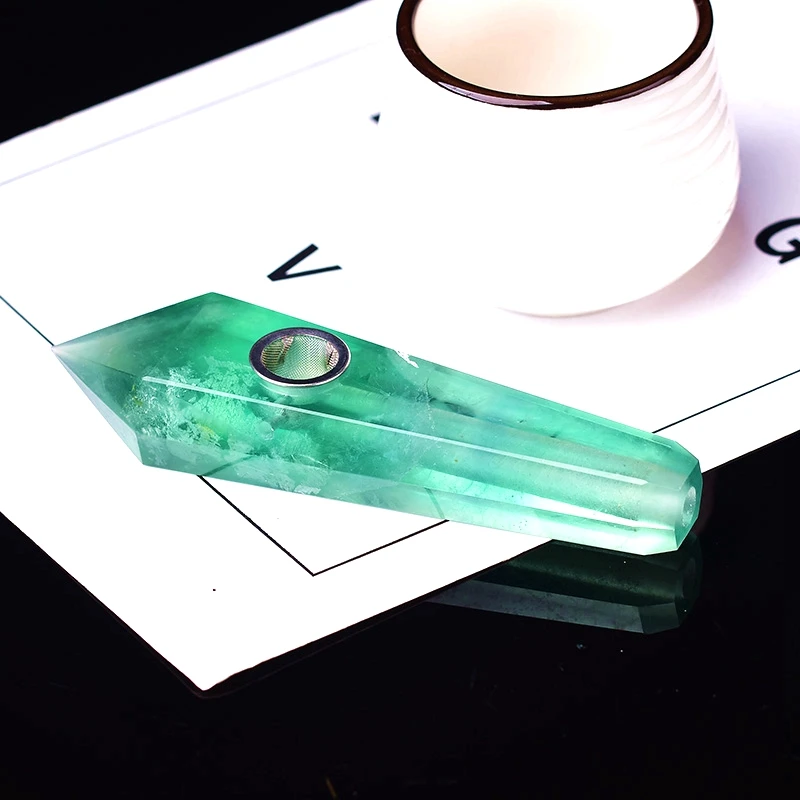 

Natural crystal stone GreeFlouritesmokey pipe healing quartz jewelry crystal point wand gemstone With 2pc Metal Filter + 1brush