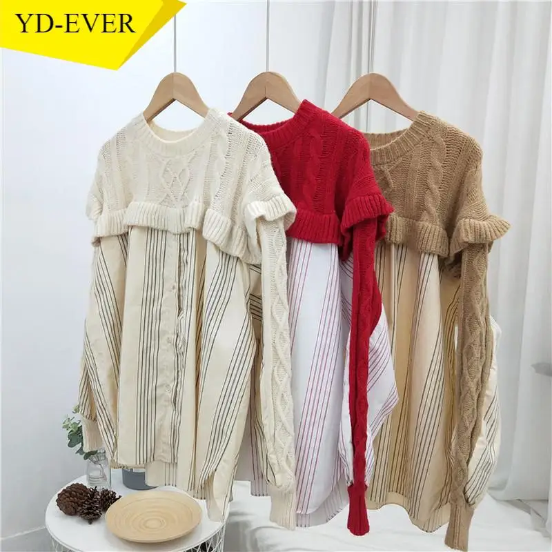 Женский вязаный свитер с оборками повседневный Полосатый пуловер в стиле