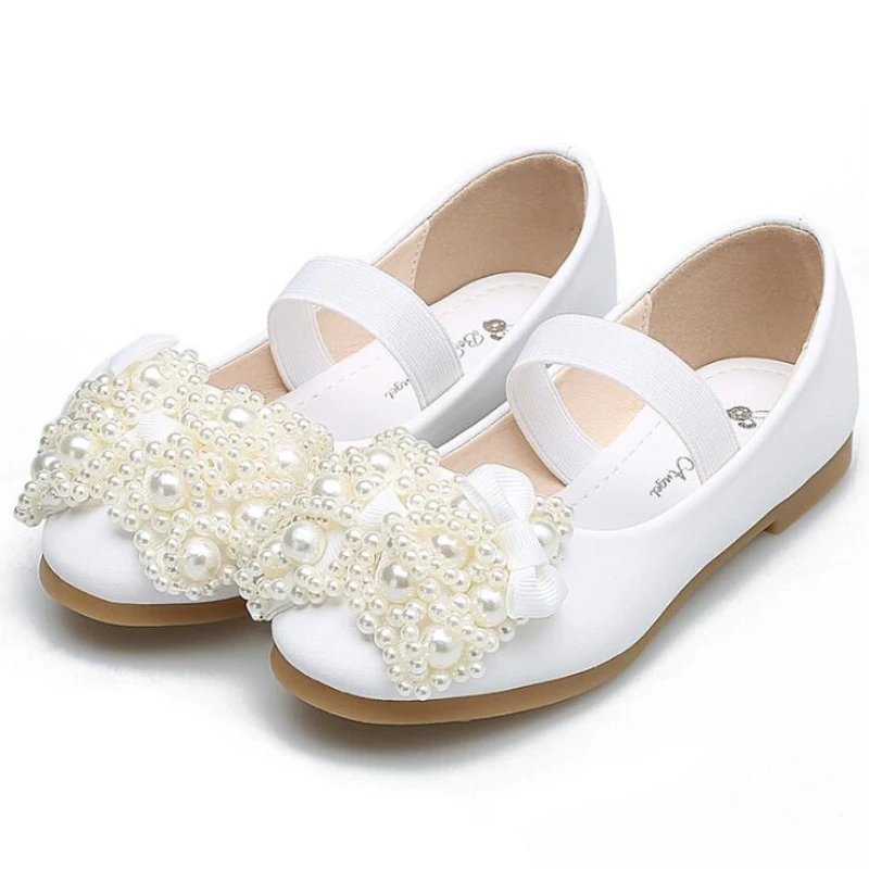 Белые танцевальные туфли с жемчугом для девочек большие детские лодочки крючком