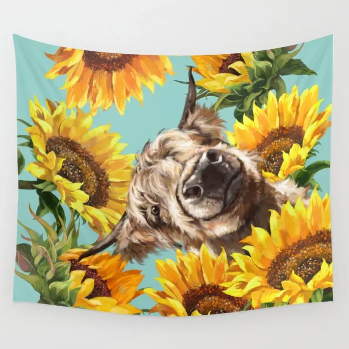 

Highland Cattle In Sunflower Tapestry Background Wall Covering Home Decoration Blanket Bedroom Wall Hanging Tapestries