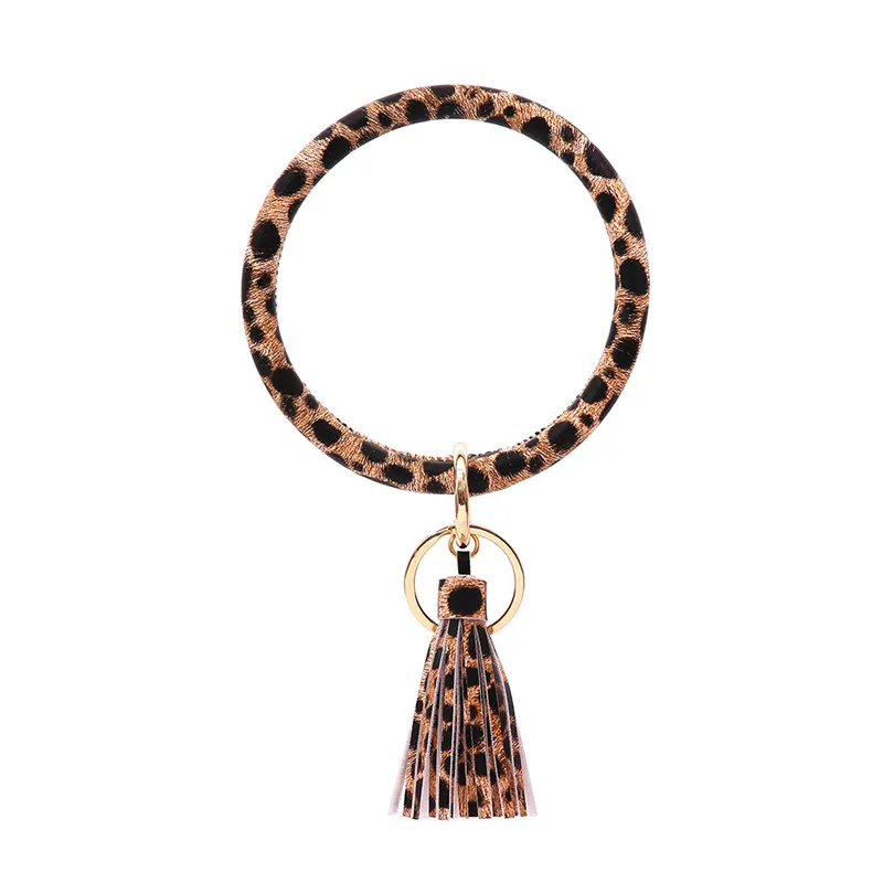 

Fashion Leopard Pu Leather O Keyring Wristlet Keychain for Women Girls Large Round Key Ring Keychains Multiful