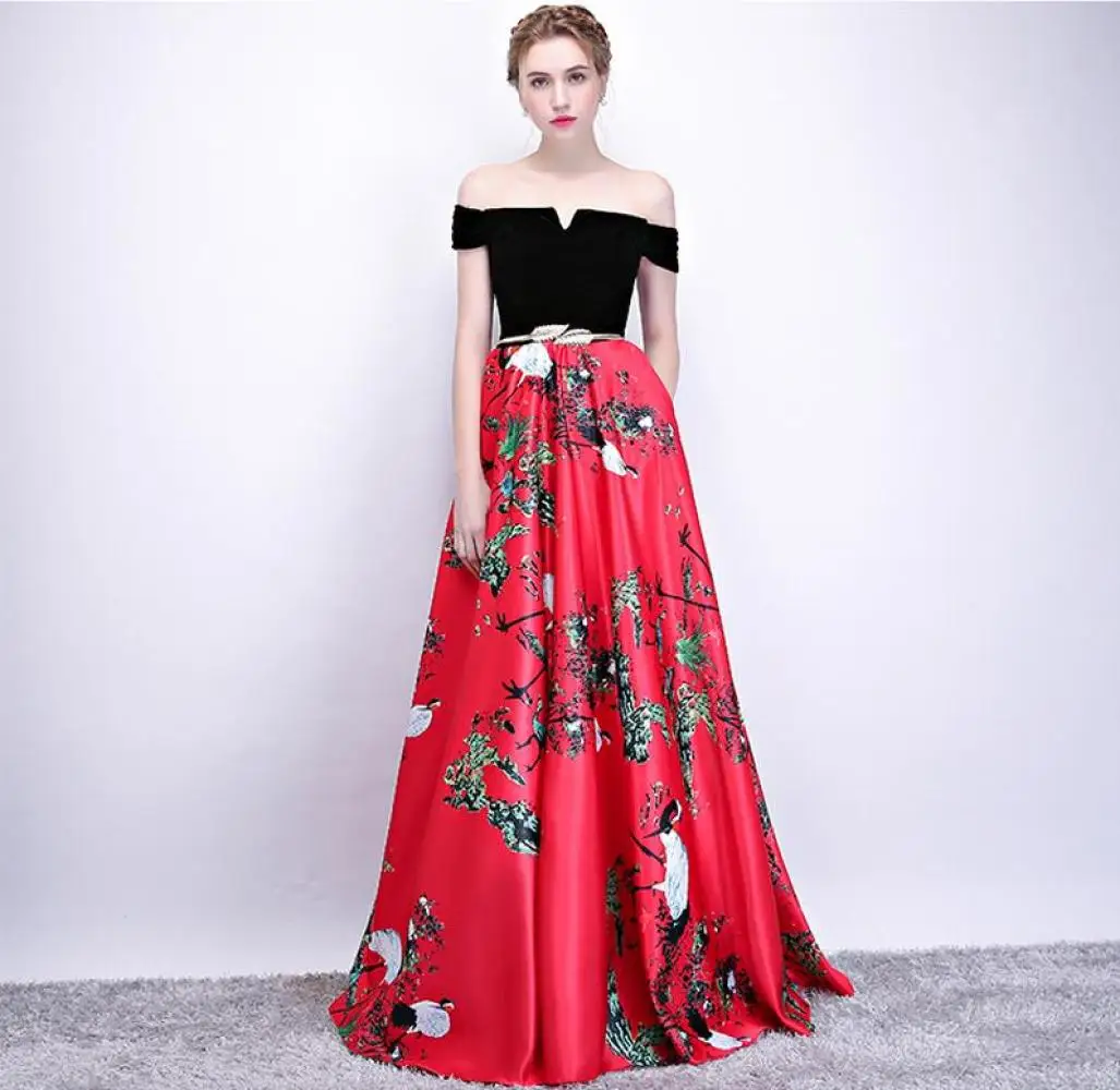 Woman Stitching Printed Evening Off-the-shoulder Strapless Dress Lady Big Swing Banquet Dress