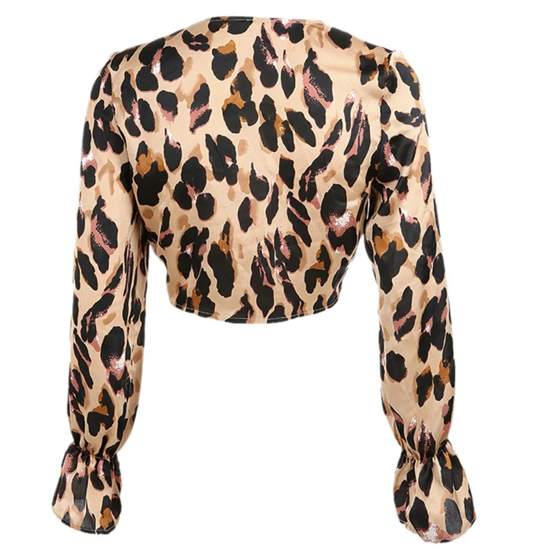 

Leopard Print Bow Tie Sexy Short Shirt Women Long Sleeve Deep V-Neck Knotted Crop Tops Casual Shirt For Women