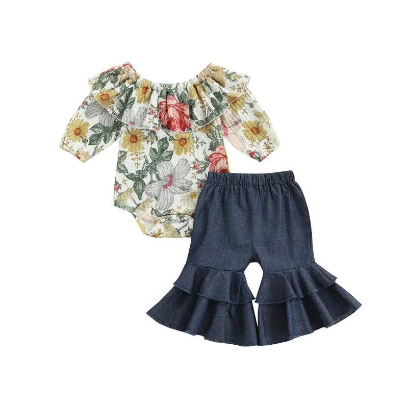 

Infant Baby Girl Clothes 2Pcs Set Floral Print Ruffle Collar Long Sleeve Romper and Flare Pants 0-18M 2022 New Fashion