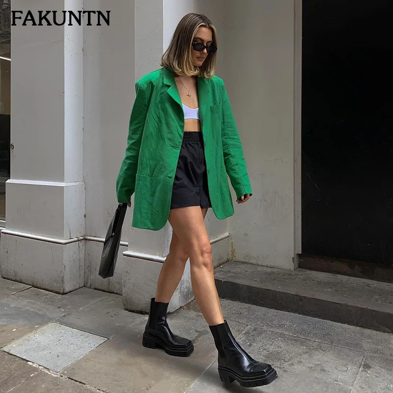 

Fashion Casual Blazer Women's Jacket Coat Female Oversize 2021 Autumn ShoulderPads Loose Suits Solid Green Women's Blazer Jacket