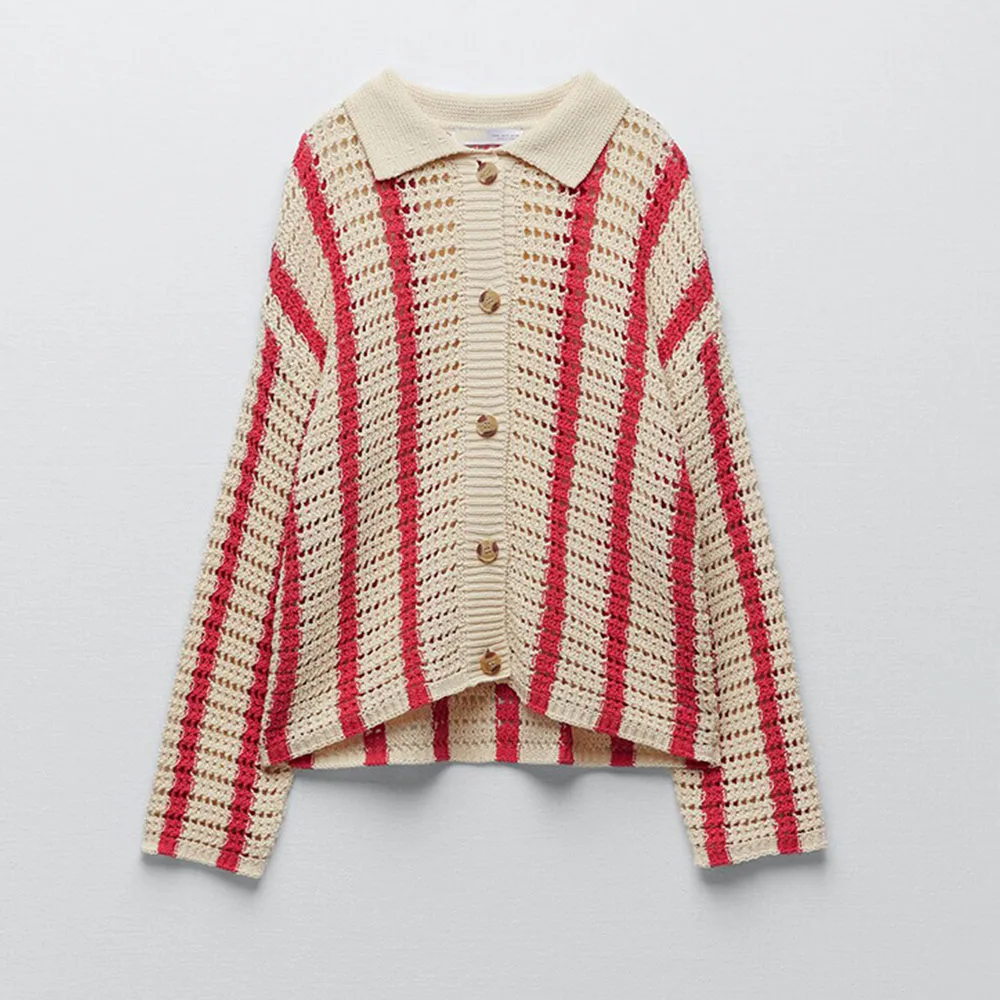 Женский полосатый кардиган DiYiG повседневный вязаный с отложным воротником и