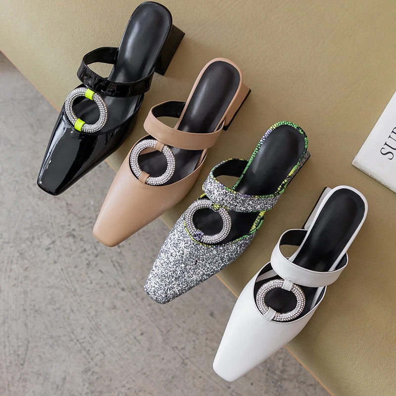 

Fashion Square Head Rhinestone High Heel Sandals Women Silver Heels Ladies Slippers Catwalk Mules 2021 New Spring Heeled Shoes