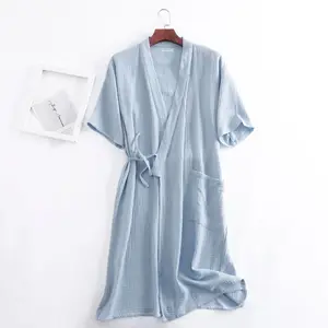 Summer 100% Cotton Gauze Crepe Short Sleeve Robes for Women and Men Solid Bathrobe Loose Soft Japane