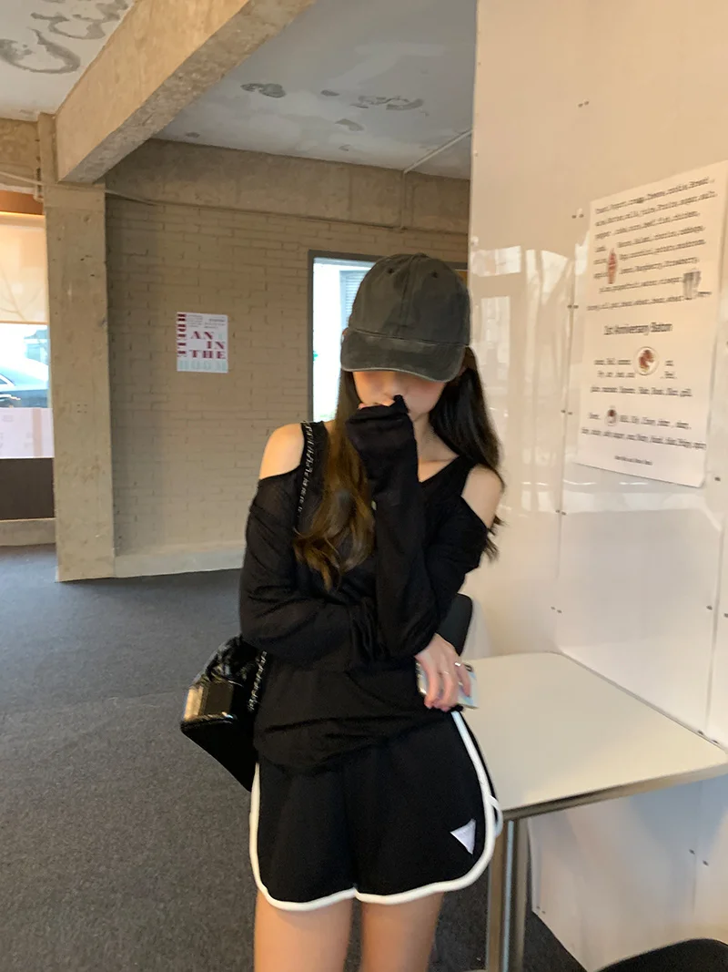 Черный ленивый 3-цветный Топ с длинным рукавом и открытыми плечами женская летняя