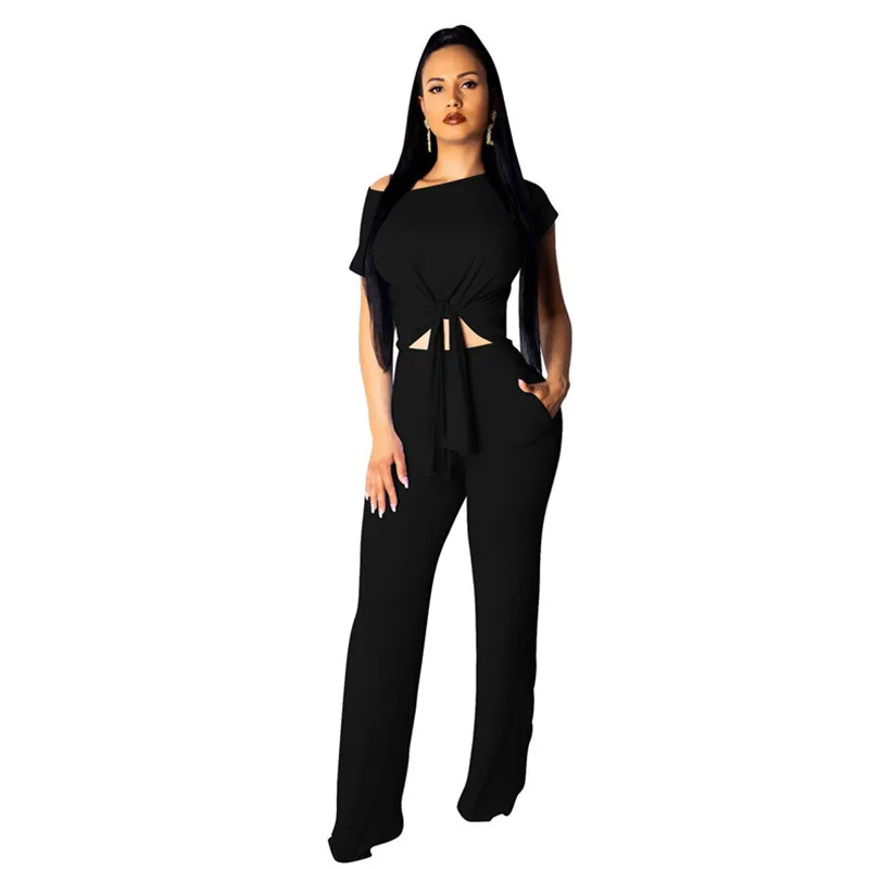 

Summer Tracksuit Women 2 Two Piece Set O-Neck Short Sleeve Bandage Crop Top And Wide Leg Pants Leisure Suit Solid Female Outfits