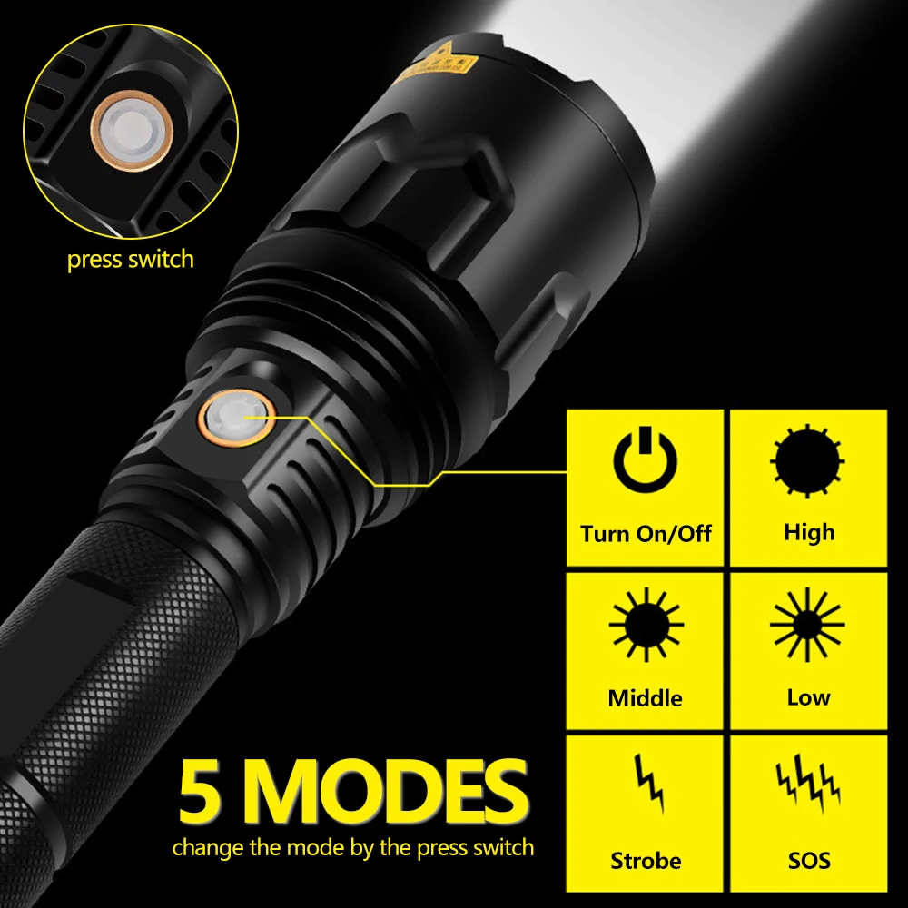 Самый мощный светодиодный фонарик XHP50 XHP70 с зарядкой от USB водонепроницаемый