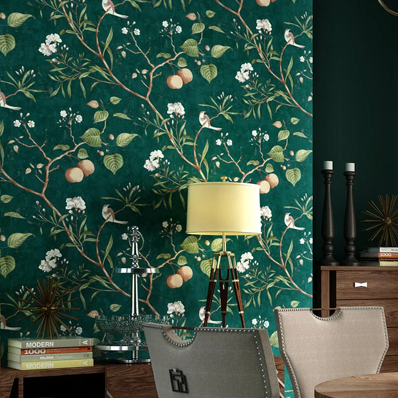 

Memories of American country wallpaper living room bedroom dark green flowers and birds background TV wallpaper