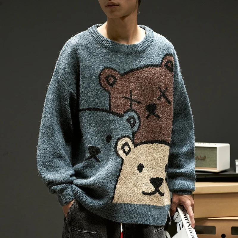 

Cartoon Bear Sweater Men's Winter Men's Women's Fashion Long-sleeved Knitted Pullover Sweater Oversized 2021 New Cotton Coat
