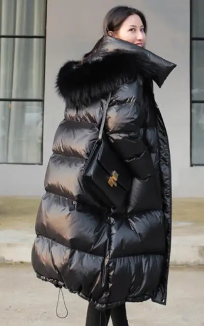black coat black fur Настоящий натуральный мех, новинка, зимняя куртка для женщин, свободный пуховик на утином пуху, Женская длинная пуховая парка, толстое пальто с капюшоном, пальто размера плюс - Цвет: black coat black fur