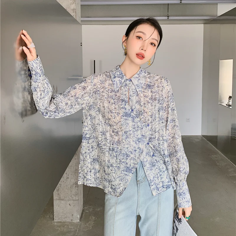 

Women Shirt Spring Autumn Long Sleeve Lapel Irregular Placket Floral Button Blouse Tops Female Fashion Loose Casual Shirts 9931
