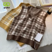 goplus sweater tops pull vintage brown black green sweaters vest women plaid knit top v neck korean vest weste pullover c11638