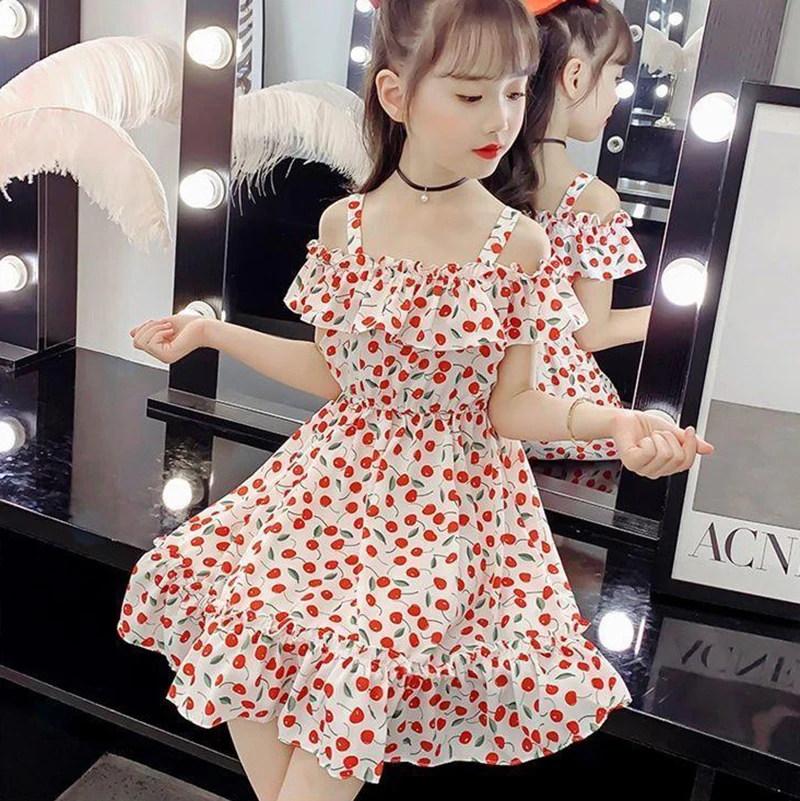 

Baby Clothes 2022 New Summer Fashion Little Girl Cami Dress Children Cute Cherry Print Open Shoulder Princess Party Outfit White