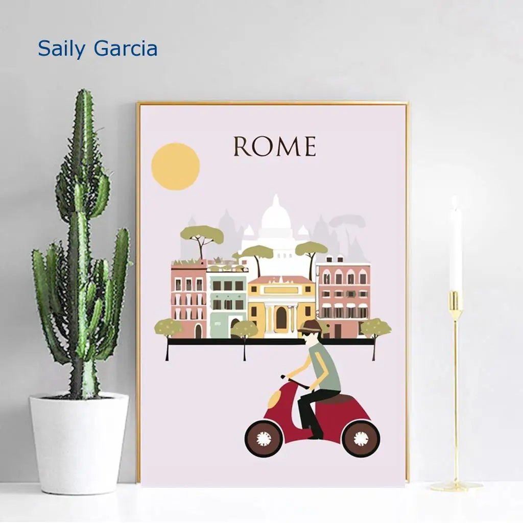 

Cartoon City Rome New York San Francisco Landscape Canvas Mordern Wall Art for Living Room Bedroom Decoration Posters