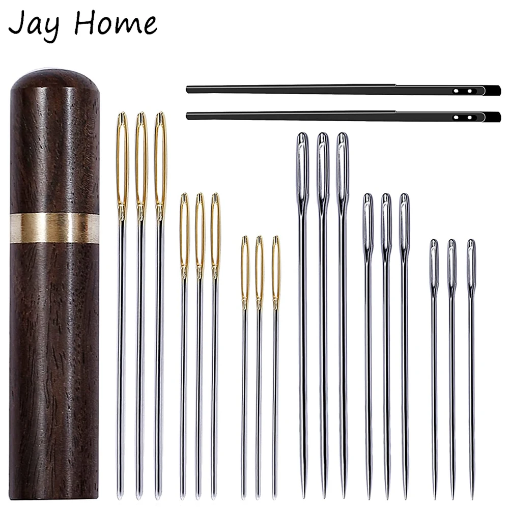 

18Pcs 3 Sizes Big Eye Blunt Needles with 2 Leather Lacing Needles Wooden Bottle for DIY Leather Crafting Hand Sewing Needles
