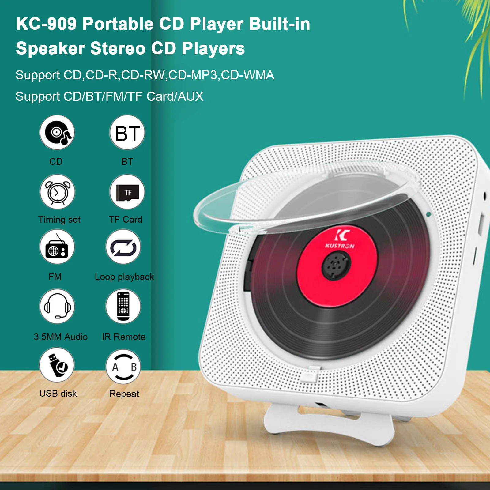 

KC-909 Portable CD Player Built-in Speaker Stereo CD Players with Double 3.5mm Jack LED Screen Wall Mountable CD Music Player