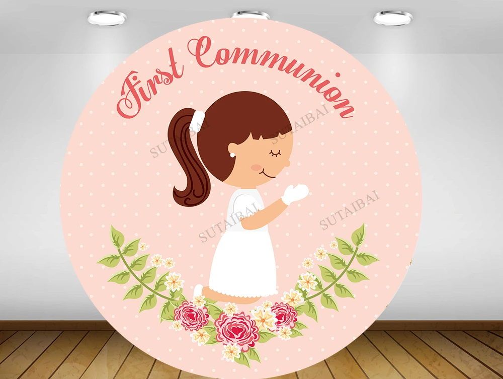 

Holy Communion Circle Round Backdrop Covers Baby Baptism Floral Butterfly Tablecloth Newborn Shower Party Decor Banner