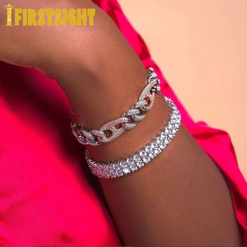 Новый цепи из нержавеющей стали 2 ряда CZ кубический циркон браслеты серебро Цвет