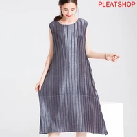 sleeveless vertical stripe pressure pleated dress miyake pleats long elegant dress large size oversize