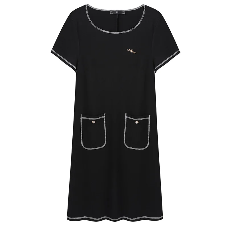 

2021 Women's Summer Long Dress Plus Size Short Sleeve O-Neck Cover Belly Big Porkets Knitting Black Korean Skirts Fashion SD4