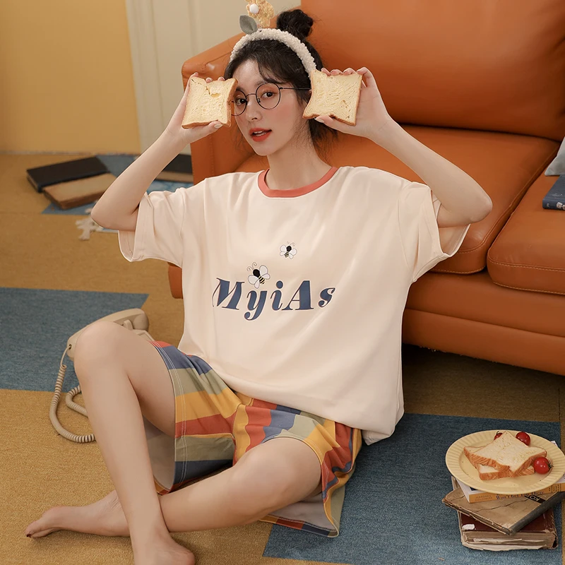 

Летние Пижамные комплекты для женщин, домашняя одежда с милым мультяшным принтом пчелы и коротким рукавом, свободная модная шикарная цветн...