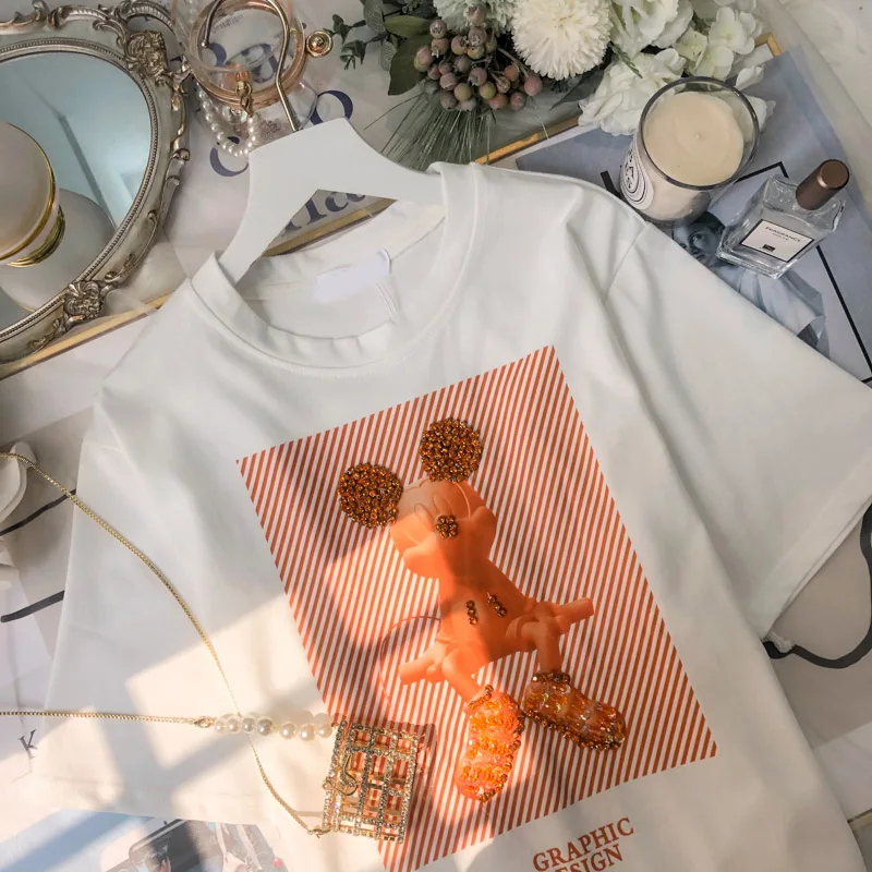 

2021 Summer Western Style High Street Ladies Top Crystal-Studded Sequins Pullover Women T-shirt Cotton New Loose Crew Neck Top