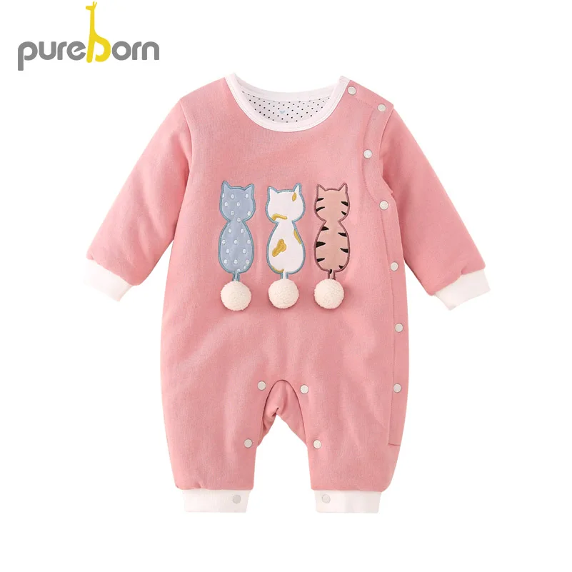 Pureborn/Одежда для новорожденных; комбинезон с рисунком кота; хлопковый Рождественский костюм с подкладкой для маленьких мальчиков и девочек; зимняя одежда - Цвет: pink