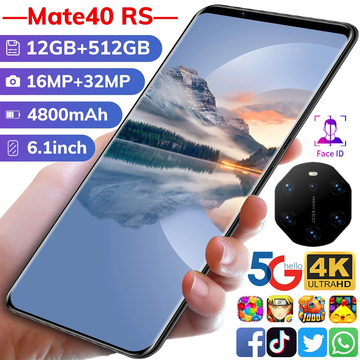 

Global Version HUAWE Mate40 Pro+ Smartphone Full Screen Deca Core 6000mAh 7.3Inch 12GB 512GB 4G LTE 5G Network Mobile Phone