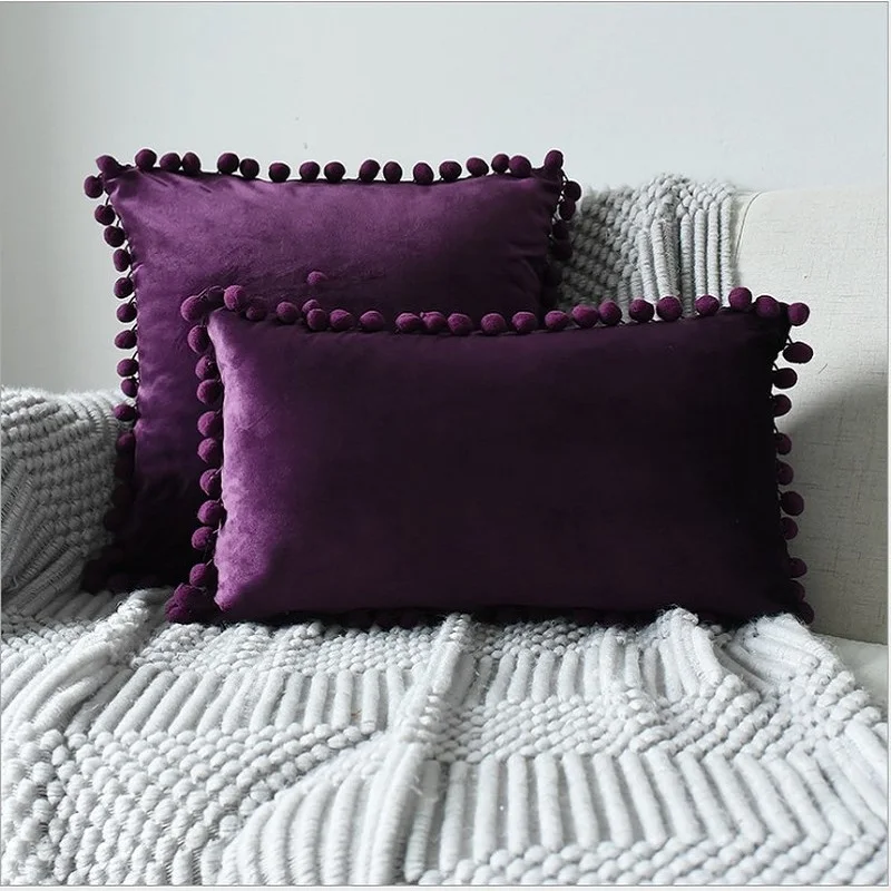 

Green Blue Grey Pink Solid Velvet Decorative Pillows Case Soft Velvet Cushion Cover With Pompom Ball Sofa Pillow Cover 30x50cm