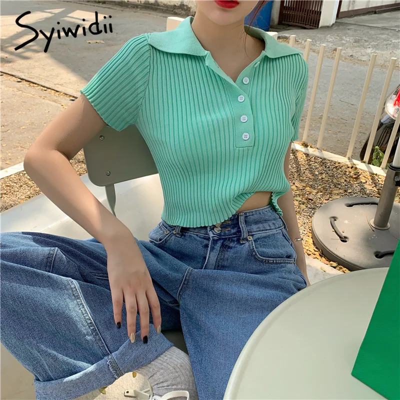 Вязаный свитер на пуговицах Сезон лето-весна Милые корейские свитера