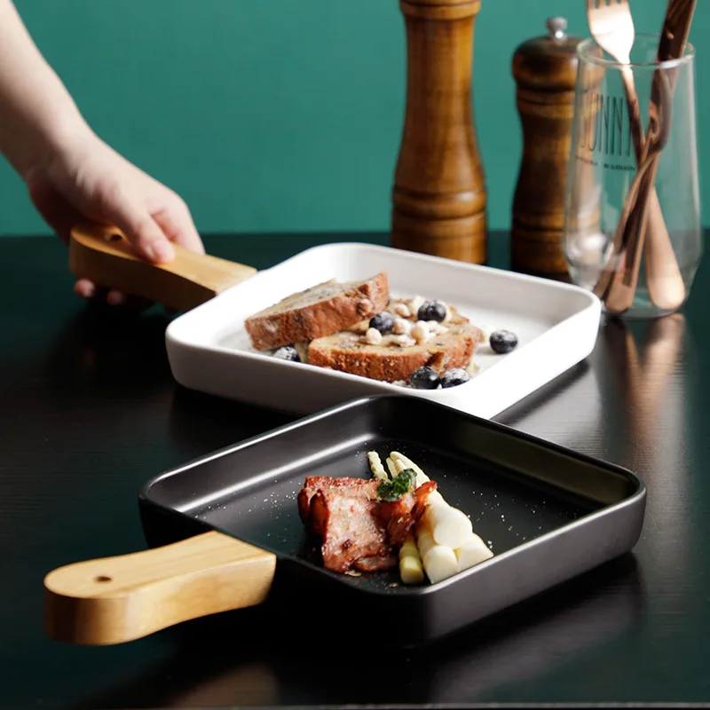 Simple Matte Ceramic Plate With Wood handle porcelain Dinner Dish Steak Salad Breakfast Tray Fruit Tableware Cake Plates | Дом и сад