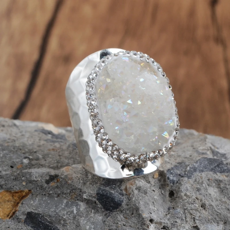 silver-white Дропшиппинг кольцо с камнем друзы Бохо Радужное кольцо Друза титана для свадьбы ювелирные изделия США европейские драгоценные камни обручальные кольца женское кольцо - Цвет основного камня: silver-white