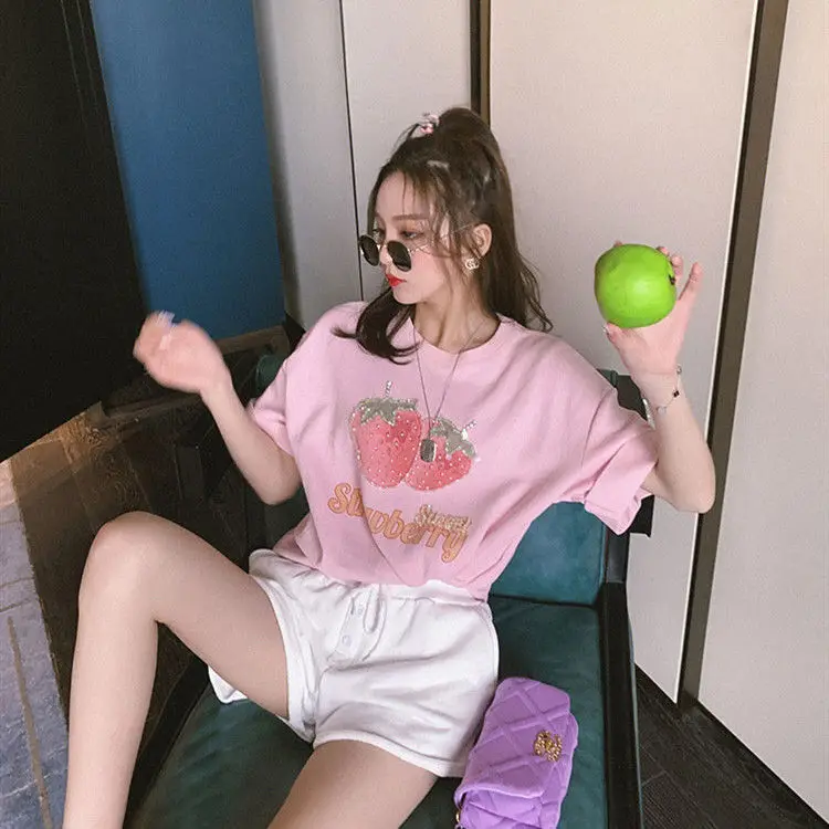 

100% Cotton Strawberry Print Long T-shirt Women Summer Tops Harajuku Ulzzang Oversize Tees Shirt Schoolgirl Young Style Clothes