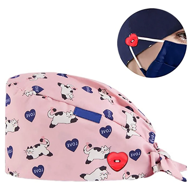 

3Pcs Adult Adjustable Working Cap with Heart Buttons Sweatband Cartoon Animal Floral Print Elastic Tie Back Bouffant Hat