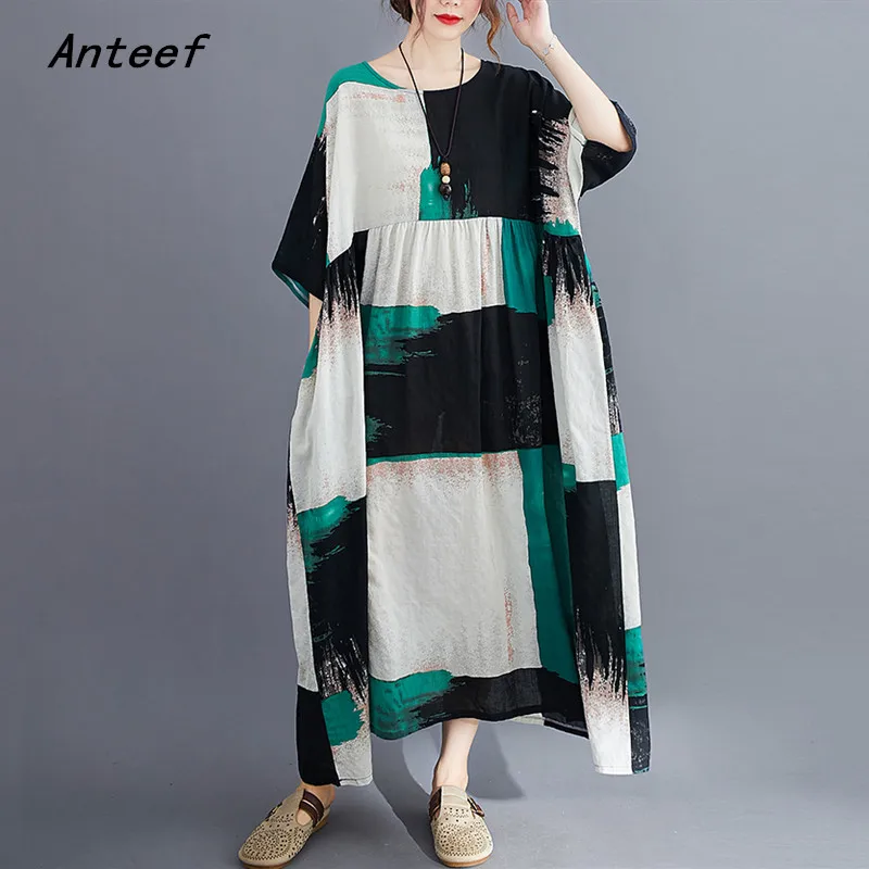 Хлопковое льняное платье размера плюс с винтажным принтом для женщин