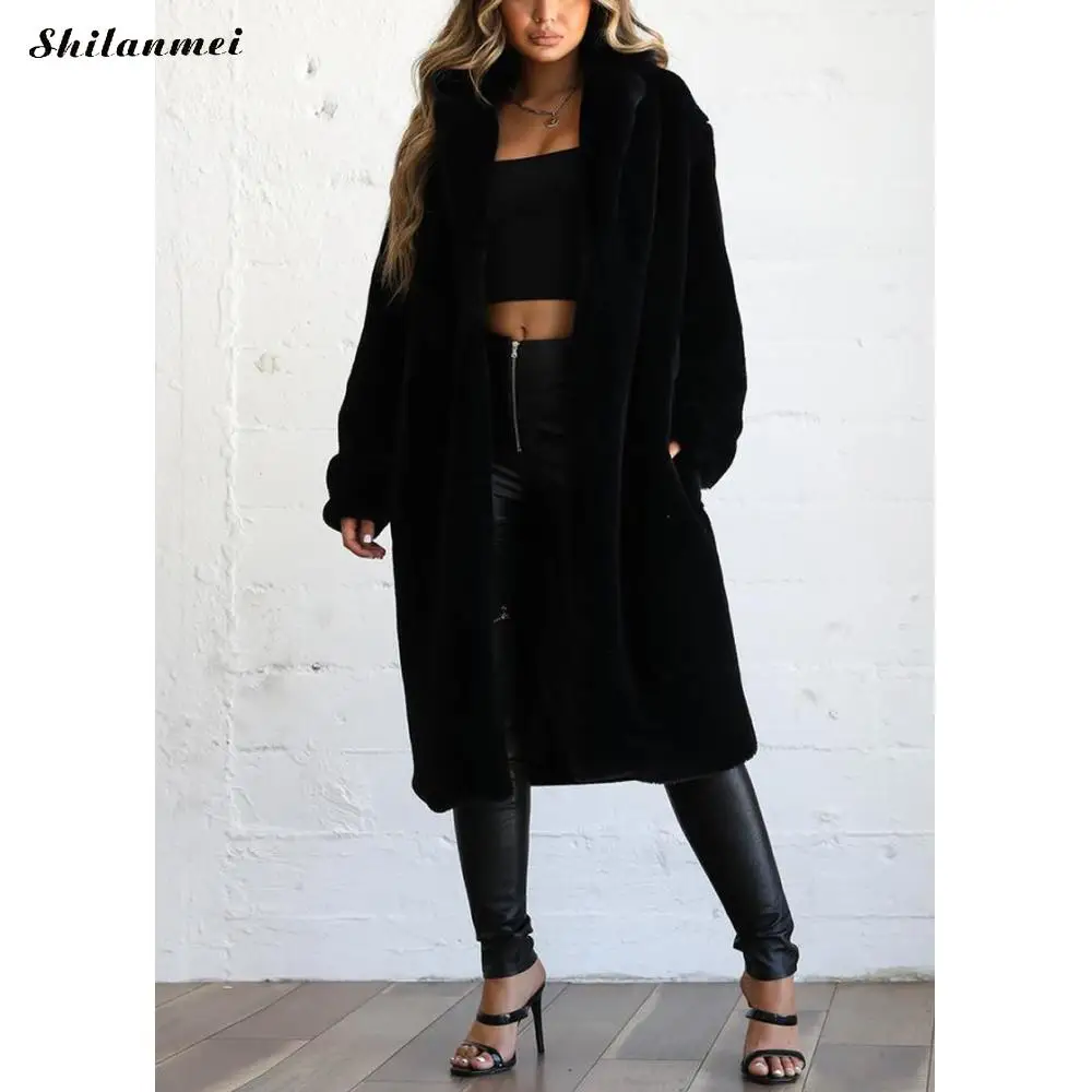 

Женское длинное пальто из искусственного меха, черное пальто с искусственным мехом, верхняя одежда, осень-зима 2019